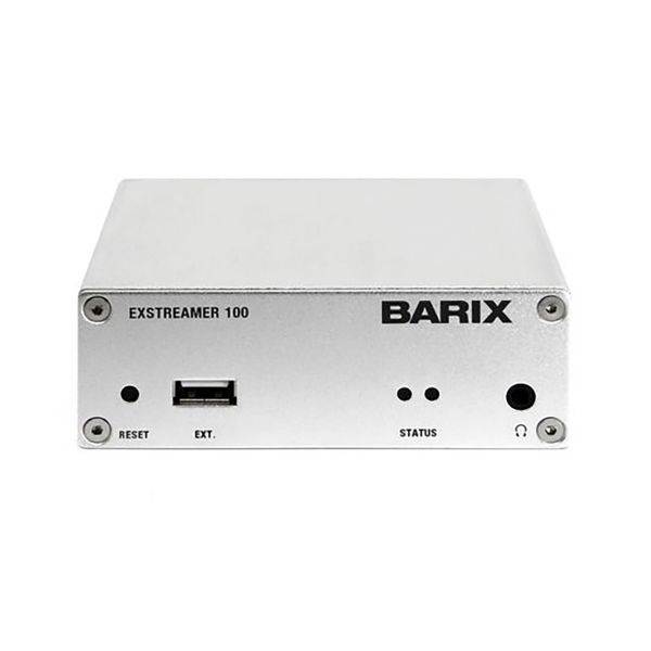 BARIX Exstreamer 100 เครื่องรับ ถอดระหัสเสียง IP Audio Decoder decodes and plays multi-protocol and multiformat audio streams, including MP3, AACplusV2, WMA, PCM, G.711, and Ethersound